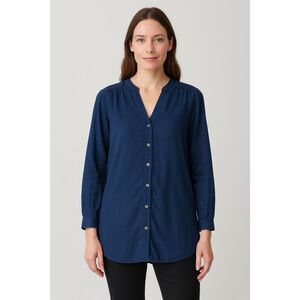Lands’ End blue cotton button front blouse 14